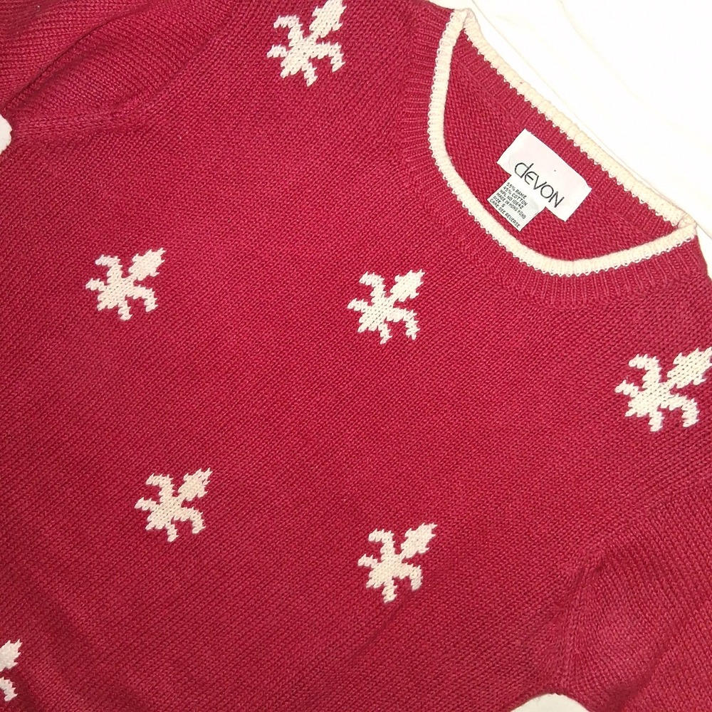 Vintage Devon Red Cream Fleur-de-lis Sweater Women's Size S